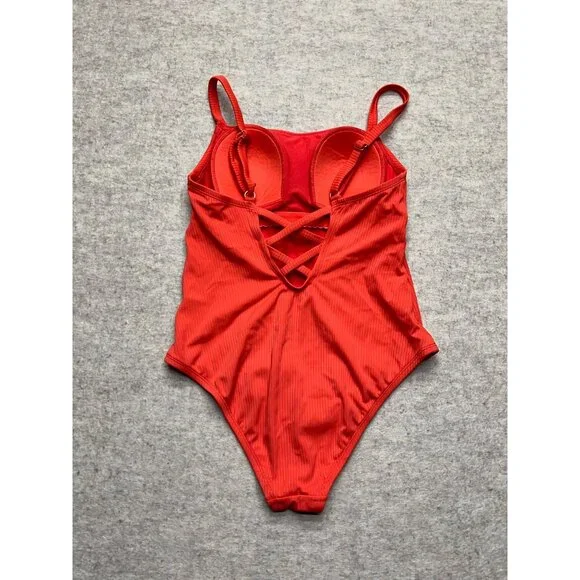 Kona Sol Coral Red OnePiece Swimsuit Small Beach Ocean Pool Swim - Picture 4 of 7